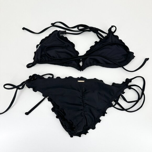 Relleciga Bikini Womens Small Black Ruffle Triangle Swim Suit Strappy Tie Solid - Picture 9 of 10